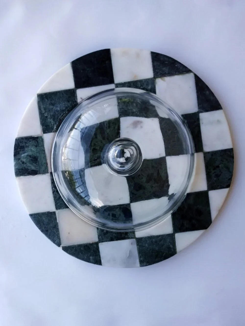 Glass Cloche with Marble Checkerboard Base